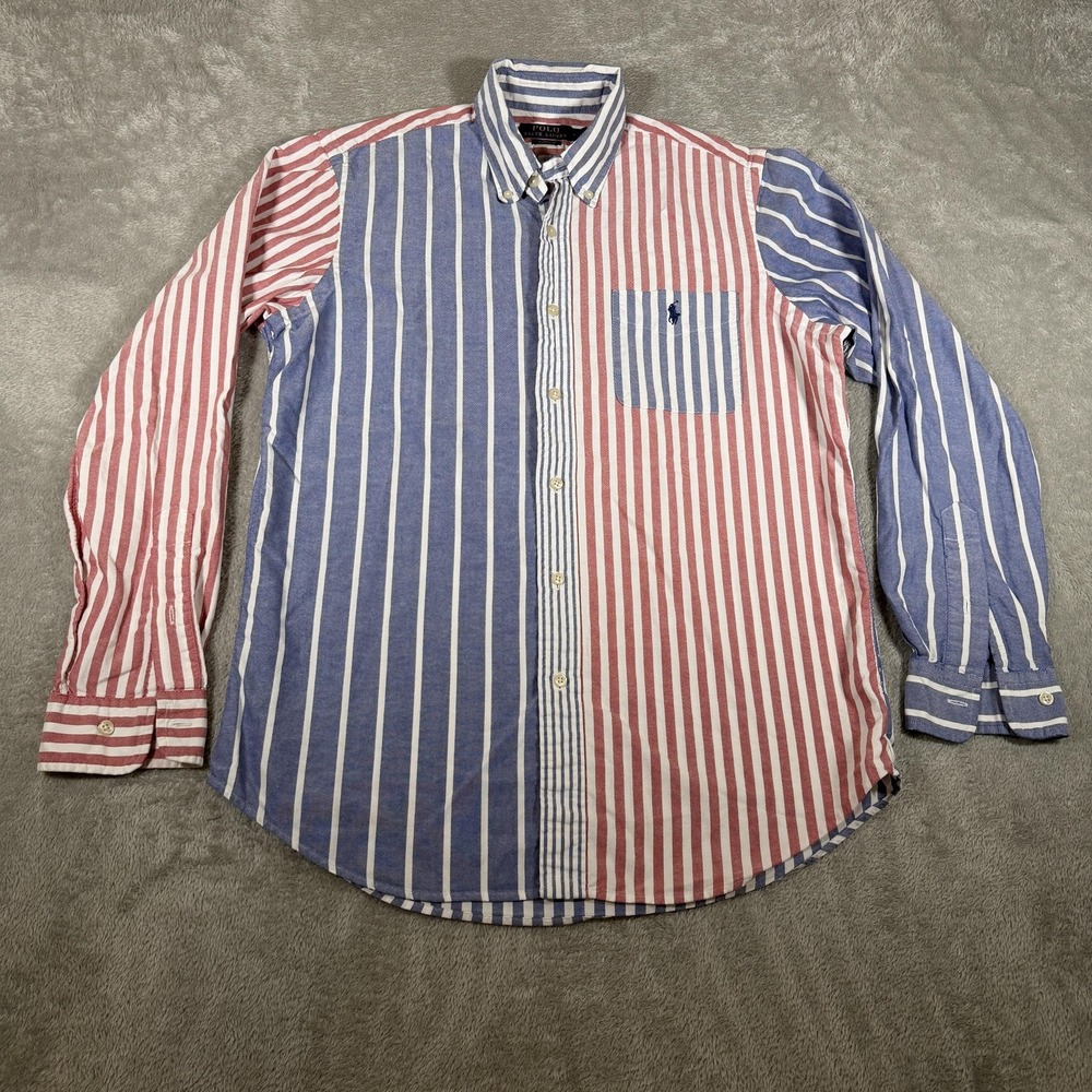 Polo Ralph Lauren Shirt Mens Medium Red Blue Stripe Long Sleeve Button Down
